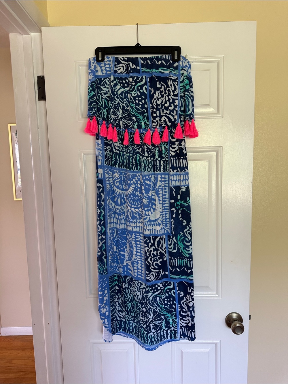 Lilly Pulitzer Blue Patchwork Maxi Skirt with Hot Pink Tassels